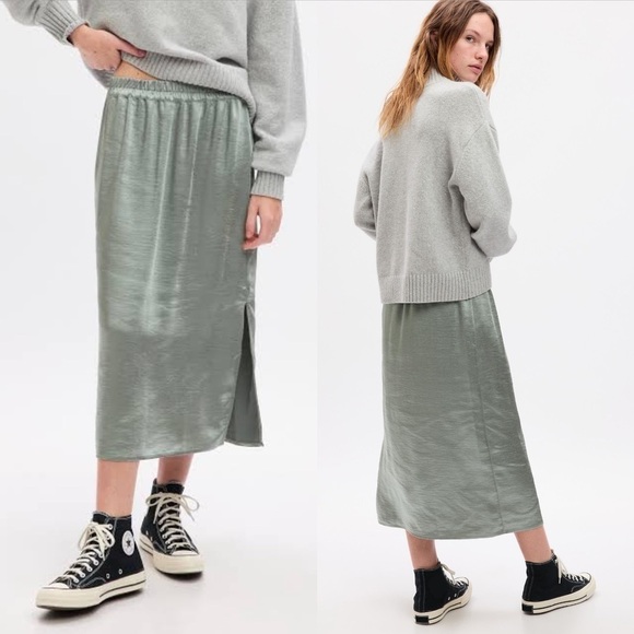 NWT Gap women’s pull on satin midi skirt Sage metallic size XXL - Picture 1 of 8